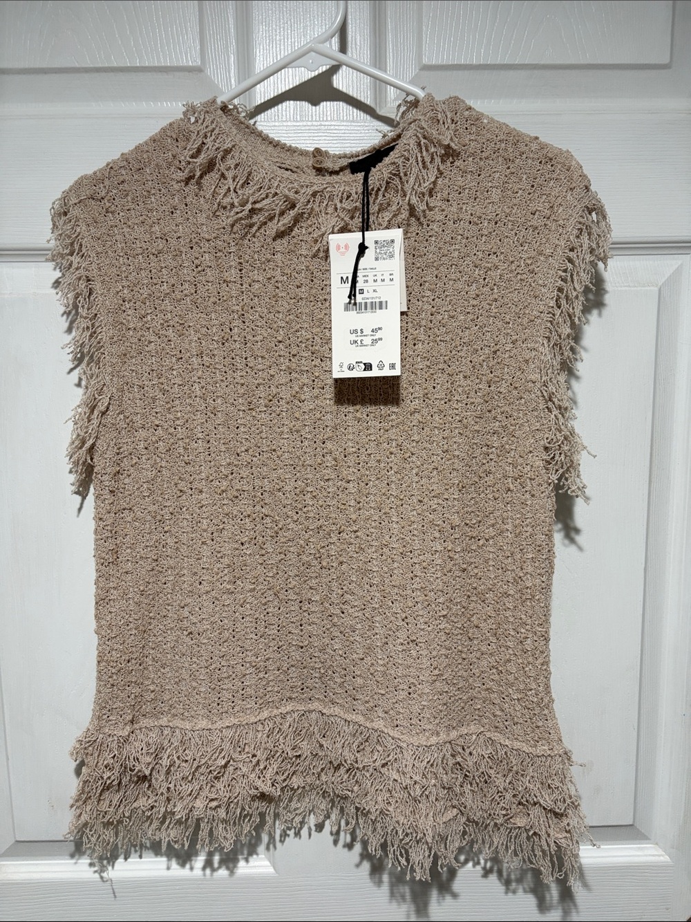 Zara Beige Fringed Knit Sleeveless Sweater
